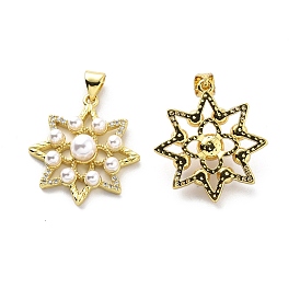 Brass Clear Cubic Zirconia Pendants, with ABS Plastic Imitation Pearl, Flower Charm