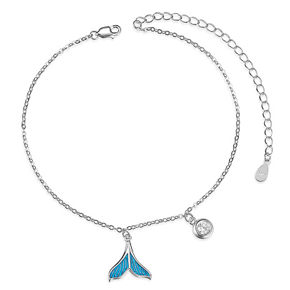 SHEGRACE 925 Sterling Silver Charm Anklets, with Epoxy Resin and Cubic Zirconia, Whale Tail Shape