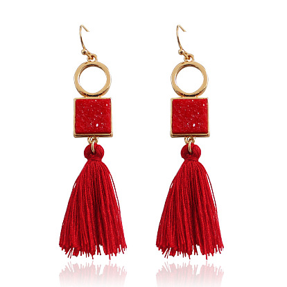 Baroque Palace Style Tassel Earrings with Geometric Circle Alloy Pendant and Square Crystal Necklace