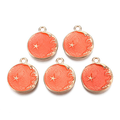 Alloy Enamel Pendants, Cadmium Free & Lead Free, Flat Round with Moon and Star, Golden