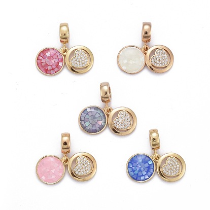 Brass Micro Pave Cubic Zirconia European Dangle Charms, Large Hole Pendants, with Freshwater Shell and Enamel, Flat Round with Heart, Golden