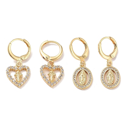 Real 18K Gold Plated Brass Dangle Leverback Earrings, with Cubic Zirconia, Virgin Mary