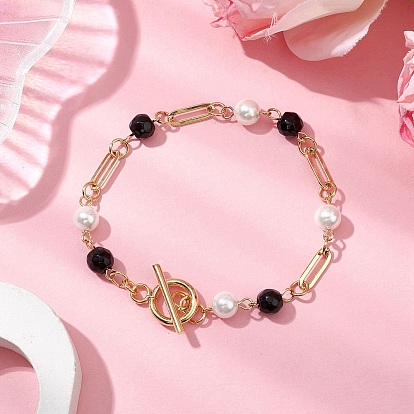 Бусины из ракушечного жемчуга и браслеты из черных камней, латунные браслеты-цепочки со скрепками для женщин, с 304 из нержавеющей стали тумблеров застежками