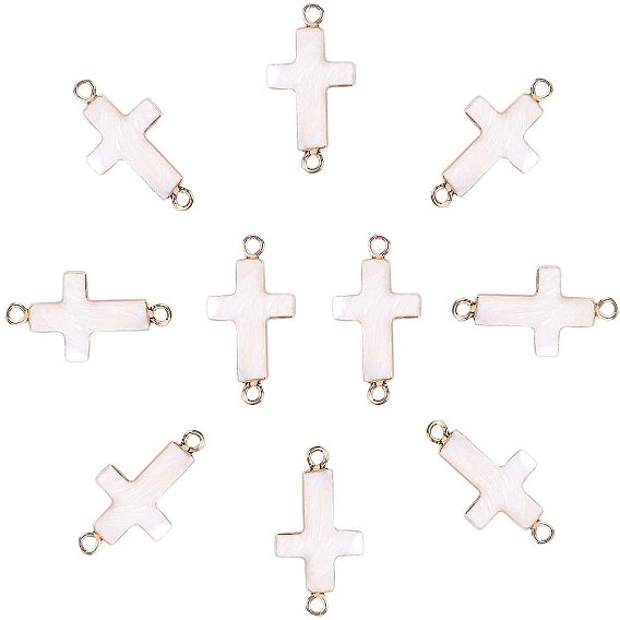 Electroplate Trochus Shell Links/Connectors, with Golden Plated Iron Loop, Cross, Golden