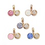 Brass Micro Pave Cubic Zirconia European Dangle Charms, Large Hole Pendants, with Freshwater Shell and Enamel, Flat Round with Heart, Golden