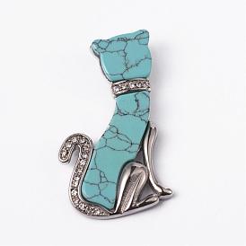 Synthetic Turquoise Kitten Pendants, Cat Silhouette Shape, with 316 Surgical Stainless Steel Findings and Rhinestones, 47x27x4mm, Hole: 5x3mm