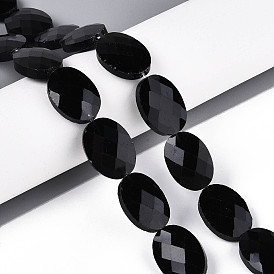 Натуральные бусины из черного оникса (окрашенные и нагретые), Плоско-овальные, граненые