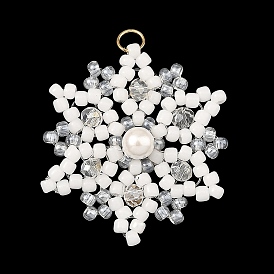 Shell Pearl & Glass Seed Beaded Pendants, Snowflake
 Charms, with 304 Stainless Steel Open Jump Rings