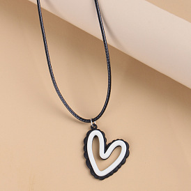 Fashionable minimalist black and white hollow heart pendant - leather rope chain.