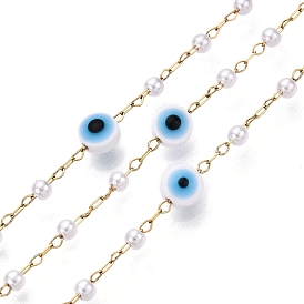 Handmade Lampwork&Imitation Pearl Beads Chains, for Necklaces Bracelets Making, with 304 Stainless Steel Chains, Soldered