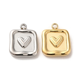 304 Stainless Steel Charms, Square with Heart Charm