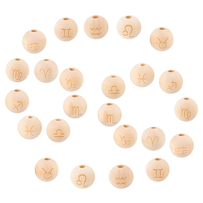 48 Pcs 12 Styles Unfinished Natural Wood European Beads, Large Hole Beads, Laser Engraved Pattern, Round with Constellation