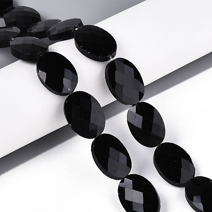 Натуральные бусины из черного оникса (окрашенные и нагретые), Плоско-овальные, граненые