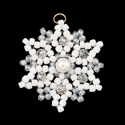 Shell Pearl & Glass Seed Beaded Pendants, Snowflake
 Charms, with 304 Stainless Steel Open Jump Rings