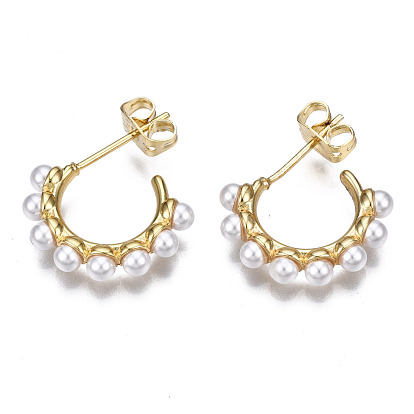 Brass Half Hoop Earrings, with ABS Plastic Imitation Pearl and Ear Nuts, Nickel Free, Letter C Shape, White