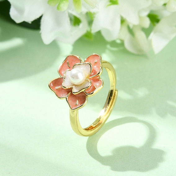 Регулируемые кольца для пальцев из латуни с эмалью, цветок, с пластиковыми бусинами из искусственного жемчуга