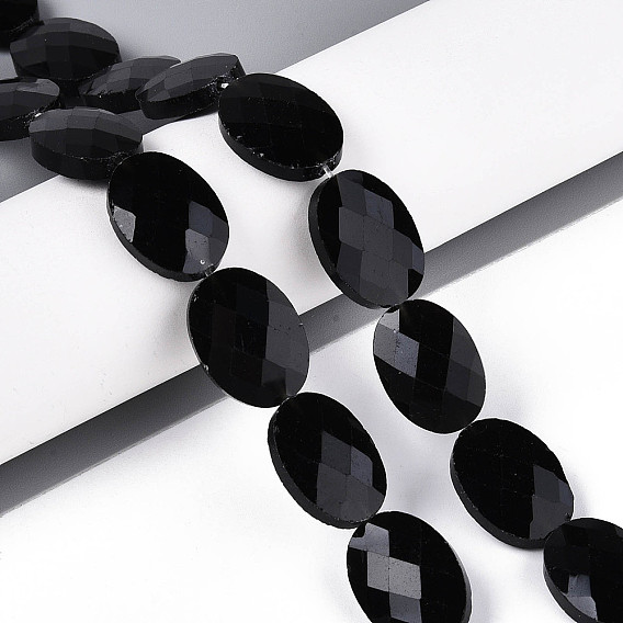 Натуральные бусины из черного оникса (окрашенные и нагретые), Плоско-овальные, граненые