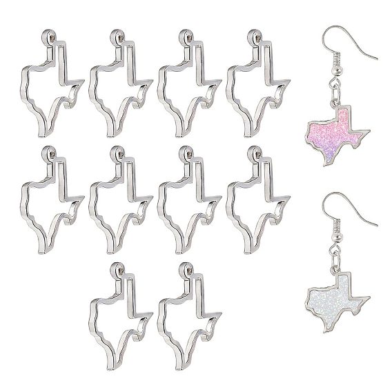 10Pcs Hollow 304 Stainless Steel Pendants, Texas Map Charm