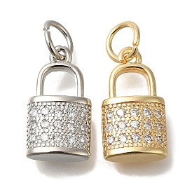 Brass Micro Pave Cubic Zirconia Pendants, Lock Charms, with Jump Ring