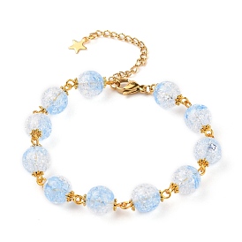 Transparent Crackle Acrylic Round Beaded Bracelets, with Alloy Spacer Beads and 304 Stainless Steel Lobster Claw Clasps, Golden
