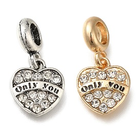 Rack Plating Alloy Crystal Rhinestone European Dangle Charms, Only You Heart Large Hole Pendants with Black Enamel