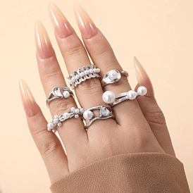 6Pcs Alloy Rhinestone Cuff Rings, with Imitation Pearl Beads