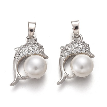 Латунные микропаве прозрачные подвески с фианитом, с белыми акриловыми бусинами и защелками на дужках, форма дельфина