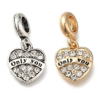 Rack Plating Alloy Crystal Rhinestone European Dangle Charms, Only You Heart Large Hole Pendants with Black Enamel