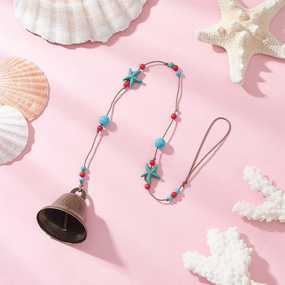 Подвесные украшения в виде колокольчиков, с синтетическими бирюзовыми бусинами, плетеной нейлоновой нитью и подвесками в виде железных колокольчиков