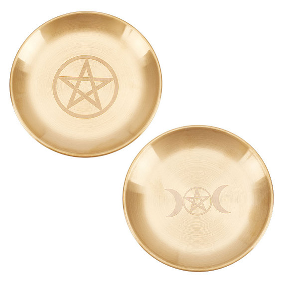 2Pcs 2 Style 201 Stainless Steel Candle Holder, Tarot Theme Tealight Tray, Home Tabletop Centerpiece Decoration, Flat Round