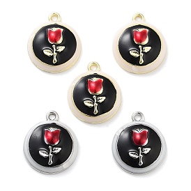 Rack Plating Alloy Enamel Pendants, Lead Free & Cadmium Free & Nickel Free, Half Round with Rose Charm