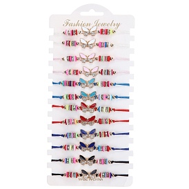12Pcs 12 Colors Enamel Butterfly Braided Bead Bracelets Set with Column, Adjustable Stackable Bracelet for Children