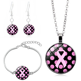 Conjunto de joyas de cristal con cinta rosa de concientización sobre el cáncer de mama de octubre, Pendientes colgantes de aleación, pulsera de eslabones y collar con colgante.