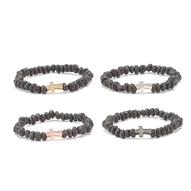 Natural Lava Rock Beaded Stretch Bracelet, Brass Cross Bracelet with Clear Cubic Zirconia for Women