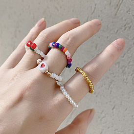 Colorful Candy Rice Bead Ring Set with Butterfly and Heart Design - 16 Pieces of Resin Rings in Irregular Shapes