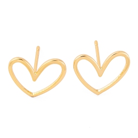 Brass Stud Earrings, Real 18K Gold Plated, with Raw(Unplated) Brass Pins, Heart