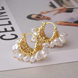 Brass Hoop Earrings for Women, with Plastic Imitation Pearl