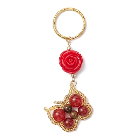 Porte-clés en perles de verre et de cornaline naturelle et d'œil de tigre naturel, avec des perles de rose en résine