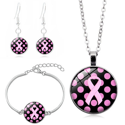 October Breast Cancer Pink Awareness Ribbon Glass Jewelry Set, Alloy Dangle Earrings & Link Bracelet & Pendant Necklace