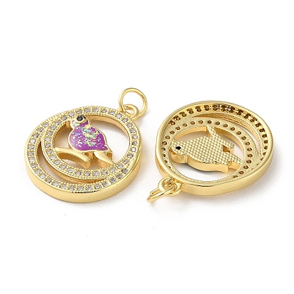 Brass Micro Pave Clear Cubic Zirconia Pendants, with Synthetic Opal, with Jump Ring, Real 18K Gold Plated, Flat Round with Bird