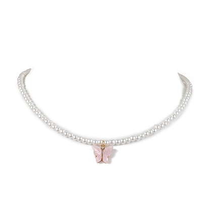 Alloy Acrylic Butterfly Pendants Necklaces, Baking Paint Pearlized Glass Pearl Round Beaded Necklace for Women