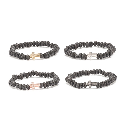 Natural Lava Rock Beaded Stretch Bracelet, Brass Cross Bracelet with Clear Cubic Zirconia for Women