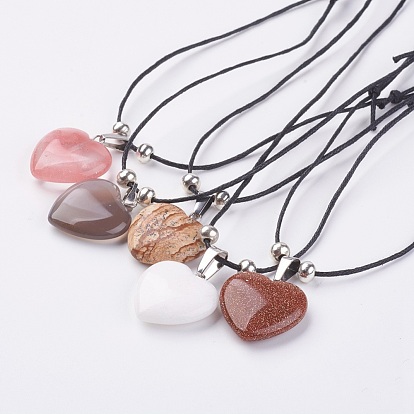 Adjustable Cotton Waxed Cord Pendant Necklaces, with Natural & Synthetic Mixed Gemstone and Brass Findings, Heart