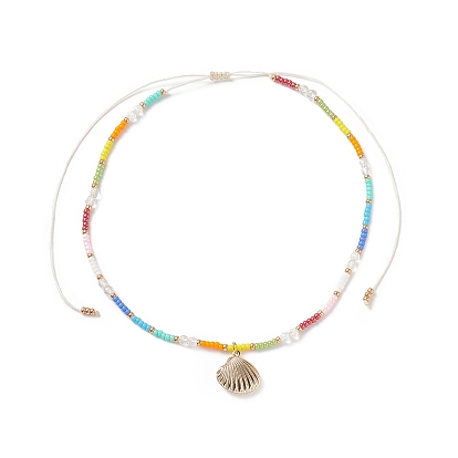 Brass Shell Pendant Necklace, Natural Crystal & Glass Seed Beaded Adjustable Necklace for Women