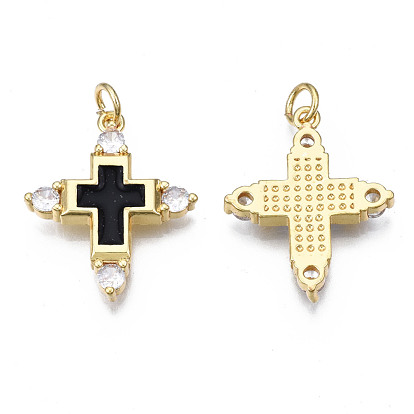 Brass Micro Pave Cubic Zirconia Enamel Pendants, with Jump Rings, Cadmium Free & Nickel Free & Lead Free, Real 16K Gold Plated, Cross