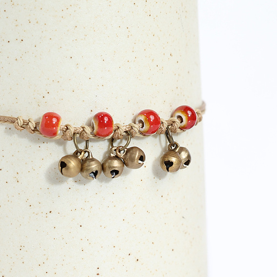 Браслеты на лодыжку из сплава в виде колокольчика и фарфоровых бусин, регулируемый шнурок, с подвеской., античная бронза