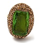 Olive Glass Rectangle Adjustable Ring with Rhinestone, Brass Ring for Women