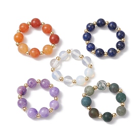 5Pcs 5 Styles Natural White Jade & Indian Agate & Lapis Lazuli & Red Aventurine & Opalite Stretch Rings, with Brass Beads, Round