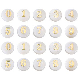 20 шт. 10 стили плоские круглые бусины из натуральной белой ракушки, с золотыми ломтиками эпоксидной смолы, число 0~9