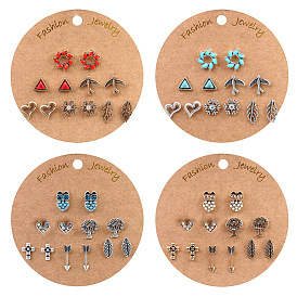 6 Pairs of Fashionable Earrings Set - Owl Leaf Christmas Tree Heart Diamond Earrings
